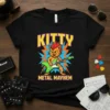 Kitty Metal Mayhem t-shirt design featuring a punk rock cat playing a green electric guitar with lightning bolts