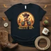 Kitty Up cowboy cat design on a dark t-shirt with western desert background and stars