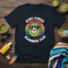 T-shirt design featuring the text "KIWI VIBES SUMMER FUN" above and below a smiling kiwi wearing sunglasses with a colorful