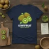 Kiwifruit Fresh & Tropical t-shirt design featuring cartoon kiwis and text, navy blue shirt