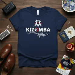 Kizomba dance t-shirt with "KIZOMBA" text, dancing figures, and musical waveform graphic