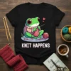Knit Happens t-shirt design with a cute cartoon frog knitting a pink scarf