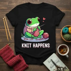 Knit Happens t-shirt design with a cute cartoon frog knitting a pink scarf