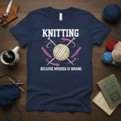 Knitting Because Murder Is Wrong text with yarn ball and needles graphic on navy t-shirt