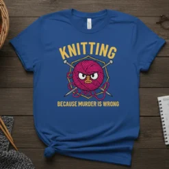 Blue t-shirt with "KNITTING BECAUSE MURDER IS WRONG" text and a grumpy yarn ball graphic with knitting needles