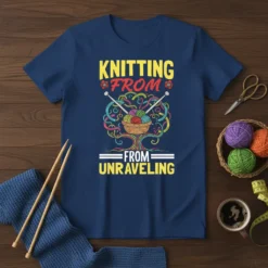 Knitting From From Unraveling quote on a navy blue t-shirt with colorful yarn balls and knitting needles graphic