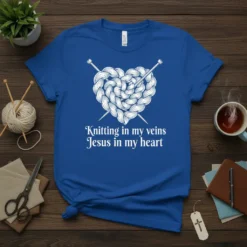 White knitted heart with knitting needles and text "Knitting in my veins Jesus in my heart" on a blue t-shirt