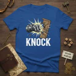 The word KNOCK in bold white font on a blue t-shirt, with a graphic of a fist smashing through a