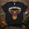 Black t-shirt with white text "Know Your Worth" above a red and yellow phoenix graphic with flames