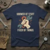 Knower of Stuff Fixer of Things quote t-shirt with hand holding a wrench and gears graphic