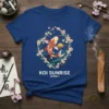 Koi Sunrise Japan t-shirt design with a vibrant orange koi fish, cherry blossoms, and a Japanese sunrise motif