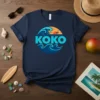 KOKO t-shirt design featuring a large stylized wave and sunset graphic with the word KOKO in bold blue letters