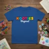 Blue t-shirt with colorful KOOTIES Original logo and white script text
