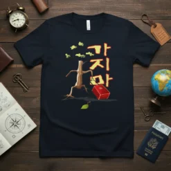 가지마 Korean phrase in yellow Hangul script with a whimsical tree graphic on a navy blue t-shirt