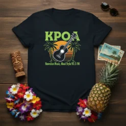 KPOA Hawaiian Music Maui Style 93.5 FM T-Shirt featuring a black tee with retro sunset, palm trees, and guitar graphic