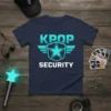 KPOP SECURITY text with a star inside a shield and wings graphic on a navy blue t-shirt