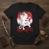 Krampus T-Shirt with white Krampus graphic and red text, set against a snowy forest background