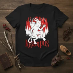 Krampus T-Shirt with white Krampus graphic and red text, set against a snowy forest background