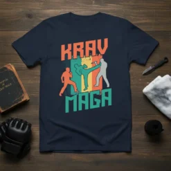 Vintage style Krav Maga T-Shirt with graphic of people sparring in retro colors