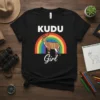 Kudu Girl t-shirt design with a kudu antelope standing in front of a colorful rainbow