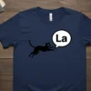 Black cat leaping with "La" in a speech bubble, on a navy blue t-shirt