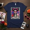 La Chismosa sugar skull design with colorful flowers and coffee cup, perfect for Day of the Dead celebrations