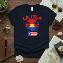 Navy blue t-shirt with "LA ISLA" text and a circular sunset graphic with palm trees and the outline of Puerto