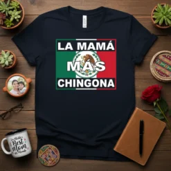 La Mamá Más Chingona text with Mexican flag and eagle emblem on a navy t-shirt