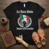 La Raza Unida Jamas Sera Vencida Mexican pride t-shirt with Mexican flag and fist graphic