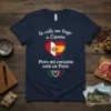 T-shirt with Spanish and Peruvian flags in a heart, featuring the text "la vida me trajo a España Pero mi