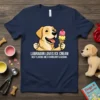 Labrador retriever enjoying strawberry and banana ice cream on a t-shirt with text "Labrador Loves Ice Cream"