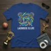 Lacrosse Is Life text with crossed lacrosse sticks and helmet graphic, colorful dynamic background