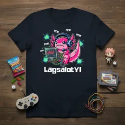 Pink axolotl gamer wearing headphones and headset, playing on a computer, with "PEW PEW" and "LAG!" text, and the LagsalotYI