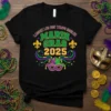 Mardi Gras 2025 t-shirt with "Laissez Les Bon Temps Rouler" text and festive mask graphic