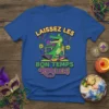 Laissez Les Bon Temps Rouler! Mardi Gras t-shirt with a green alligator playing saxophone, wearing a crown and hat. Features