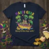 Mardi Gras T-Shirt with "Laissez les bons temps rouler" text and a colorful boat graphic featuring chameleons and palm trees