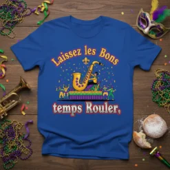 Mardi Gras t-shirt with "Laissez les Bons temps Roulér" text, saxophone, and festive dancers