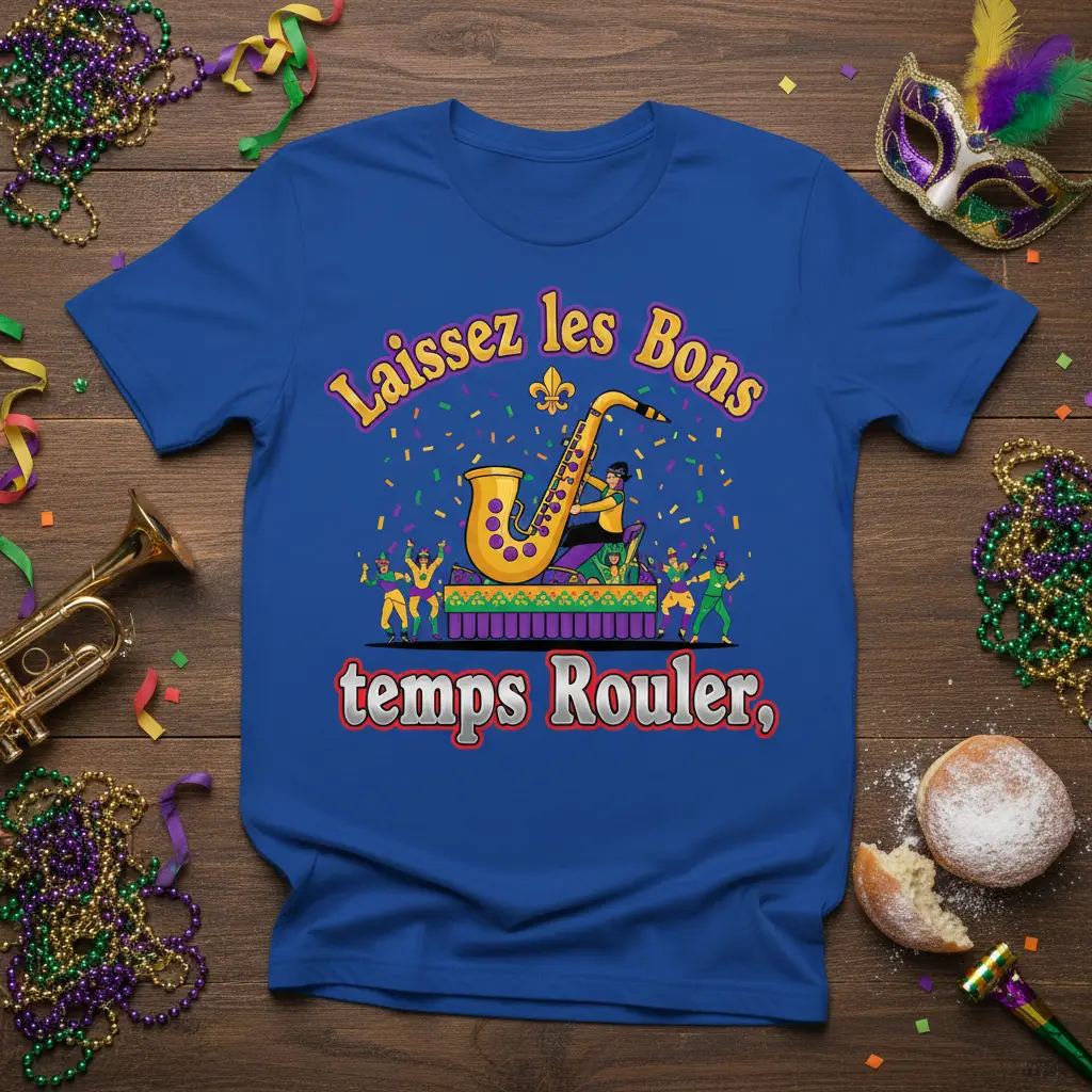 Laissez les Bons temps Roulér Mardi Gras t-shirt with saxophone, dancers, and festive confetti