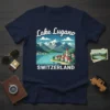 Lake Lugano Switzerland t-shirt design with graphic of town, lake, and mountains