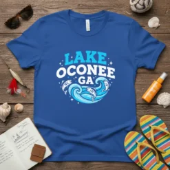 Blue t-shirt with "LAKE OCONEE GA" text and graphic of fish jumping waves, representing Lake Oconee fishing