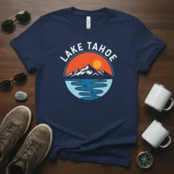 Lake Tahoe graphic t-shirt with mountain sunset and water design, navy blue tee