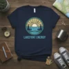 Navy t-shirt with "LAKEFONT ENERGY" text and a circular graphic of a sunrise over a lake with two canoes