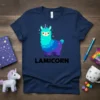 Lamicorn T-Shirt featuring a colorful llama with a unicorn horn, sparkling accents, and the text LAMICORN