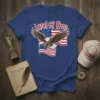 Land of Free t-shirt design with an American Eagle in front of the US flag, bold red and blue text