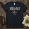 Land of Liberty Mercantile Est. 2021 t-shirt with torch emblem and patriotic text
