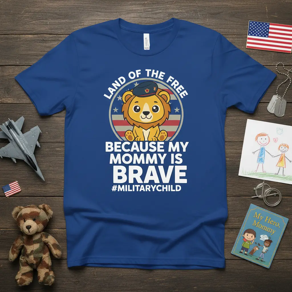 Cute lion wearing a military hat on a Land of the Free Because My Mommy Is Brave t-shirt design