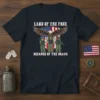 Land of the Free Because of the Brave patriotic t-shirt design featuring soldiers, an eagle, and the American flag