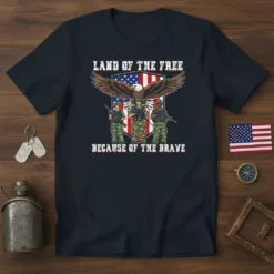 Land of the Free Because of the Brave patriotic t-shirt design featuring soldiers, an eagle, and the American flag