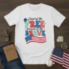 Land of the FREE because of the BRAVE text design with patriotic eagle and American flag graphic on white t-shirt