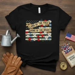 Black t-shirt with "Land of the Free Home of the Brave" text over an American flag design with red poppies